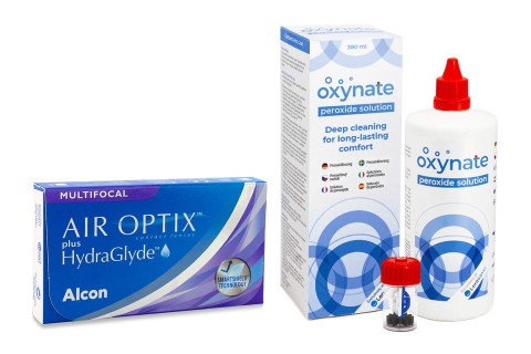 Air Optix Plus Hydraglyde Multifocal (6 lentilles) + Oxynate Peroxide 380 ml avec étui