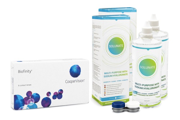 Biofinity CooperVision (6 lentilles) + 2 x Solunate Multi-Purpose 400 ml avec étui