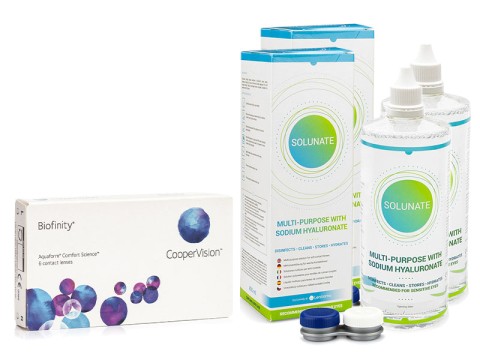 Biofinity CooperVision (6 lentilles) + 2 x Solunate Multi-Purpose 400 ml avec étui