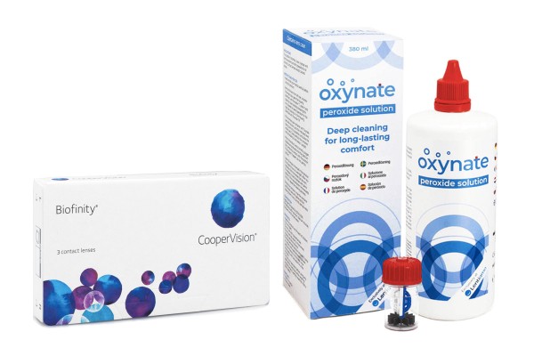 Biofinity CooperVision (3 lentilles) + Oxynate Peroxide 380 ml avec étui