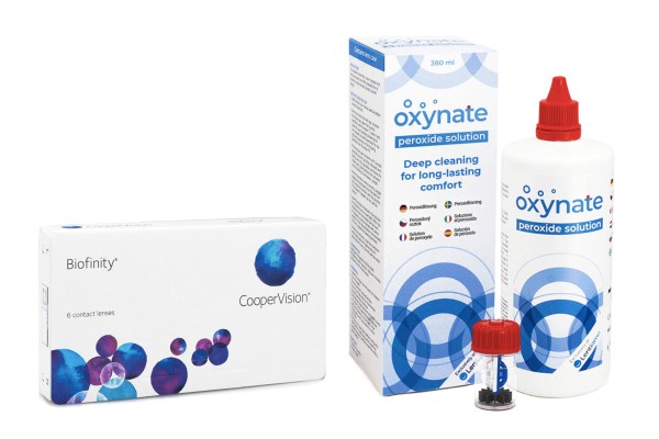 Biofinity CooperVision (6 lentilles) + Oxynate Peroxide 380 ml avec étui