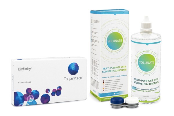 Biofinity CooperVision (6 lentilles) + Solunate Multi-Purpose 400 ml avec étui